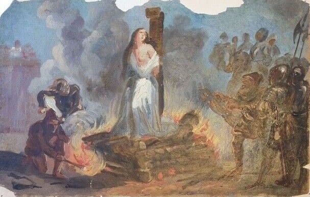 Antique Original 19th Painting Oil Joan of Arc at the Stack with the British