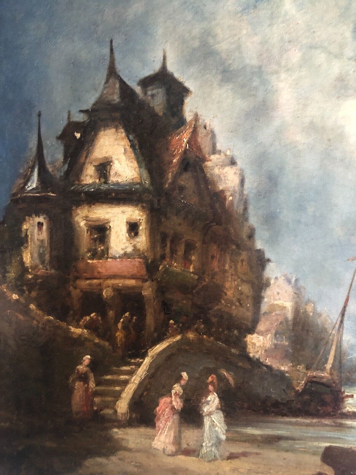 Antique Original Painting signed City Landscape Maritime People, Seascape