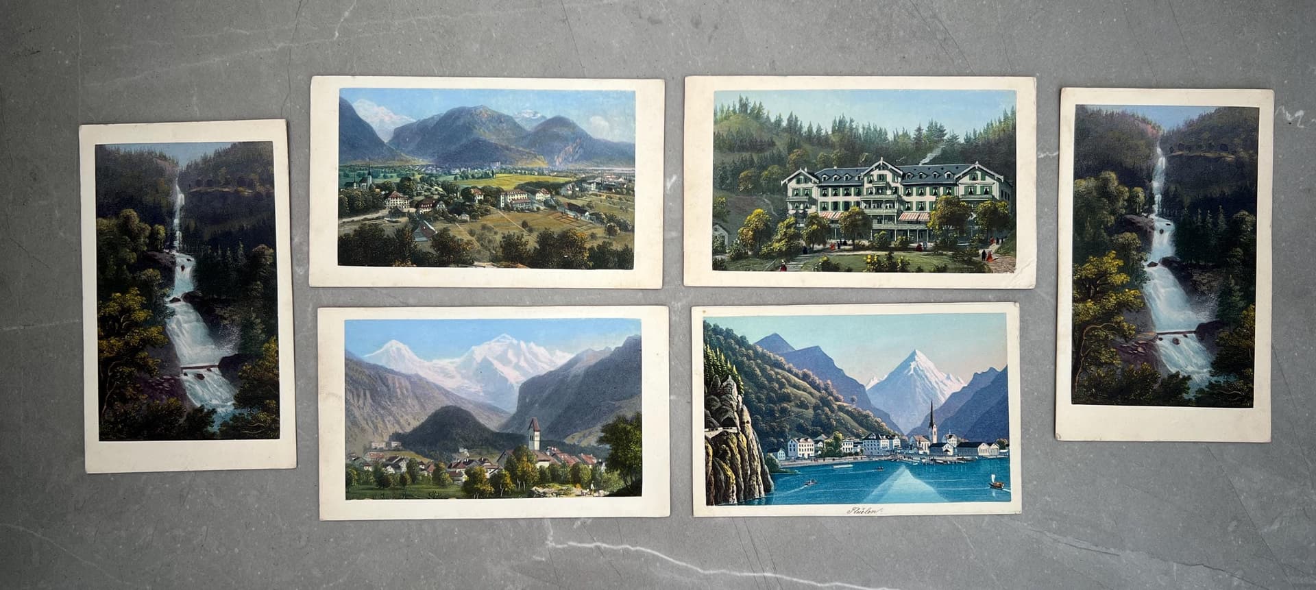 Set of 6 Antique Swiss Landscape Prints - Alpine Scenery, Waterfalls, and