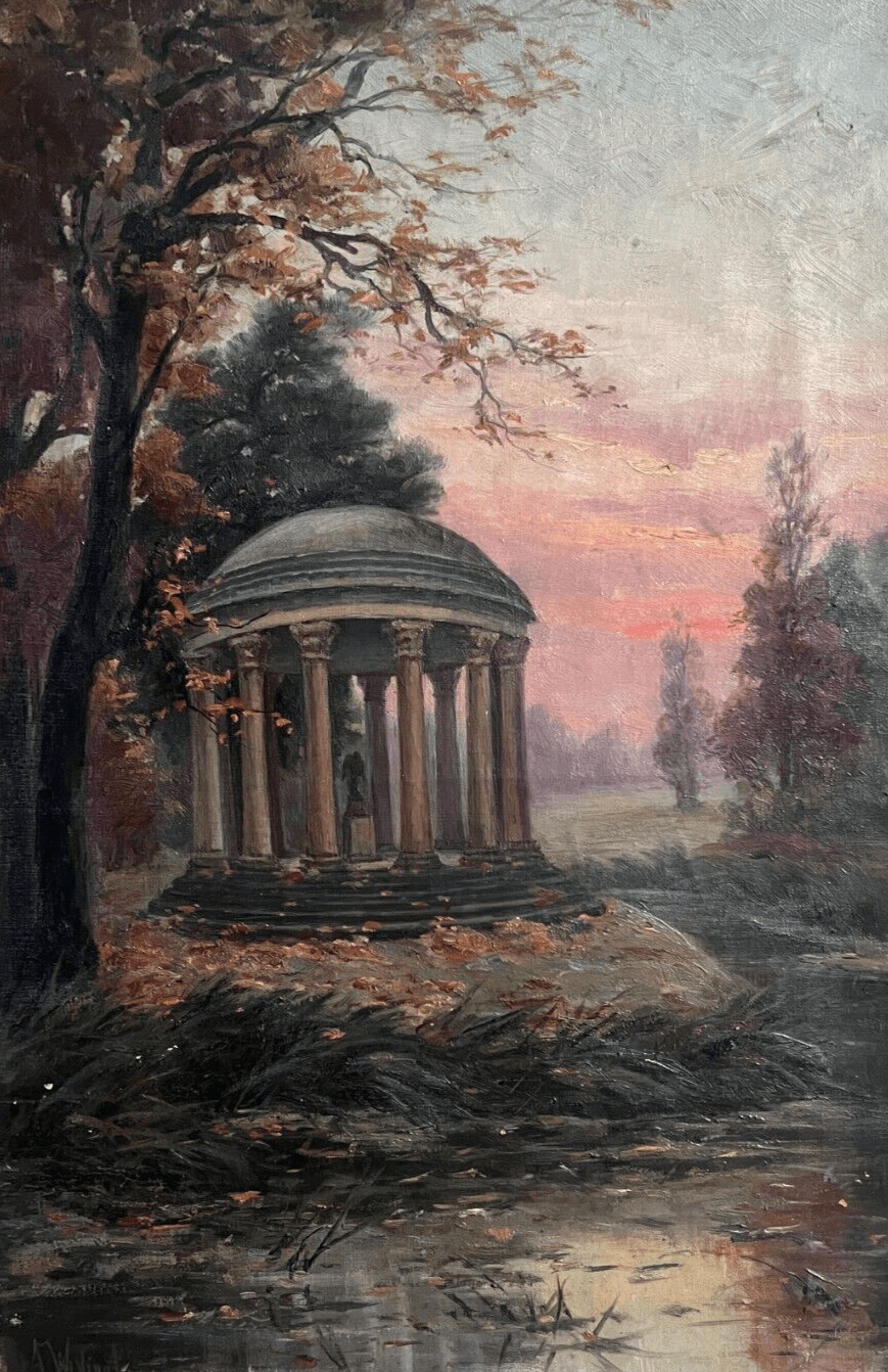 Antique Painting Original Landscape, Architecture, Sunset, Trees signed