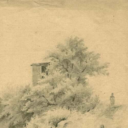 Vintage Pencil Original Drawing House, Trees, Landscape, People image 3