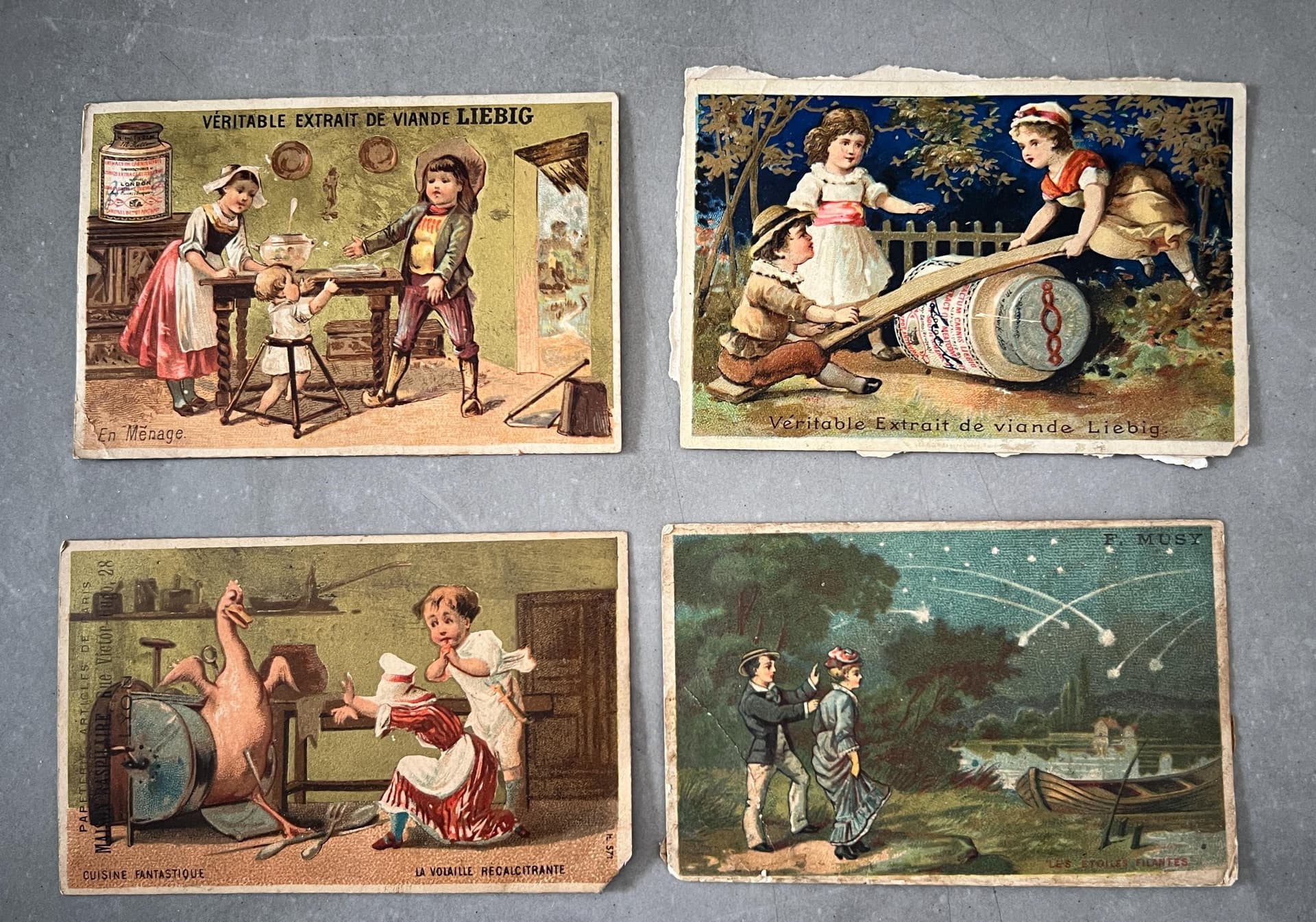 Set of 4 Antique Liebig Trade Cards - Charming 19th Century French Ephemera