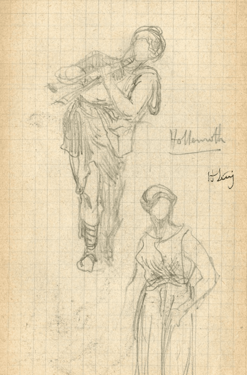 Antique Pencil Original Drawing, Figures, Music, Trumpet, Sketch, Signed image 1