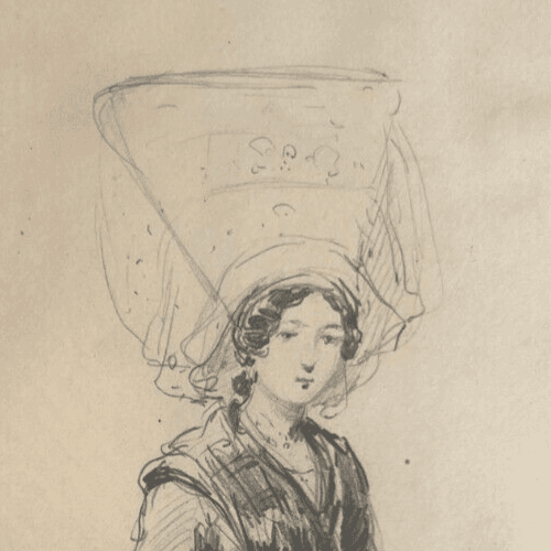 Antique Drawing Original Woman Portrait, Hat, Bag 19th century image 2
