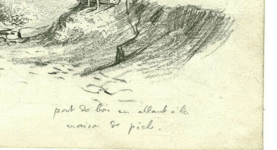 Antique Original Pencil Drawing Landscape, Bridge, Forest, Trees and River image 6
