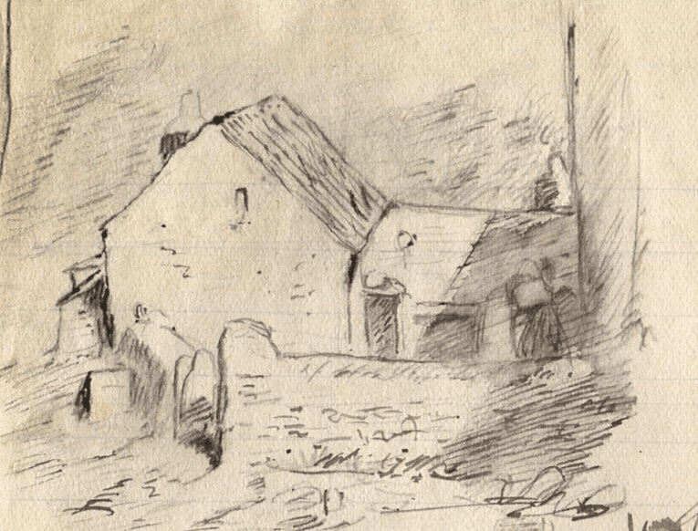 Antique Ink Drawing Original Sketch of a Farm and House