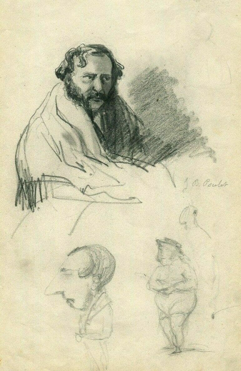 Antique Pencil Original Drawing Man Caricature Portraits