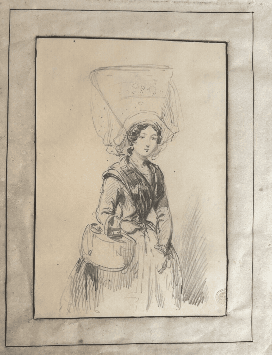 Antique Drawing Original Woman Portrait, Hat, Bag 19th century image 4