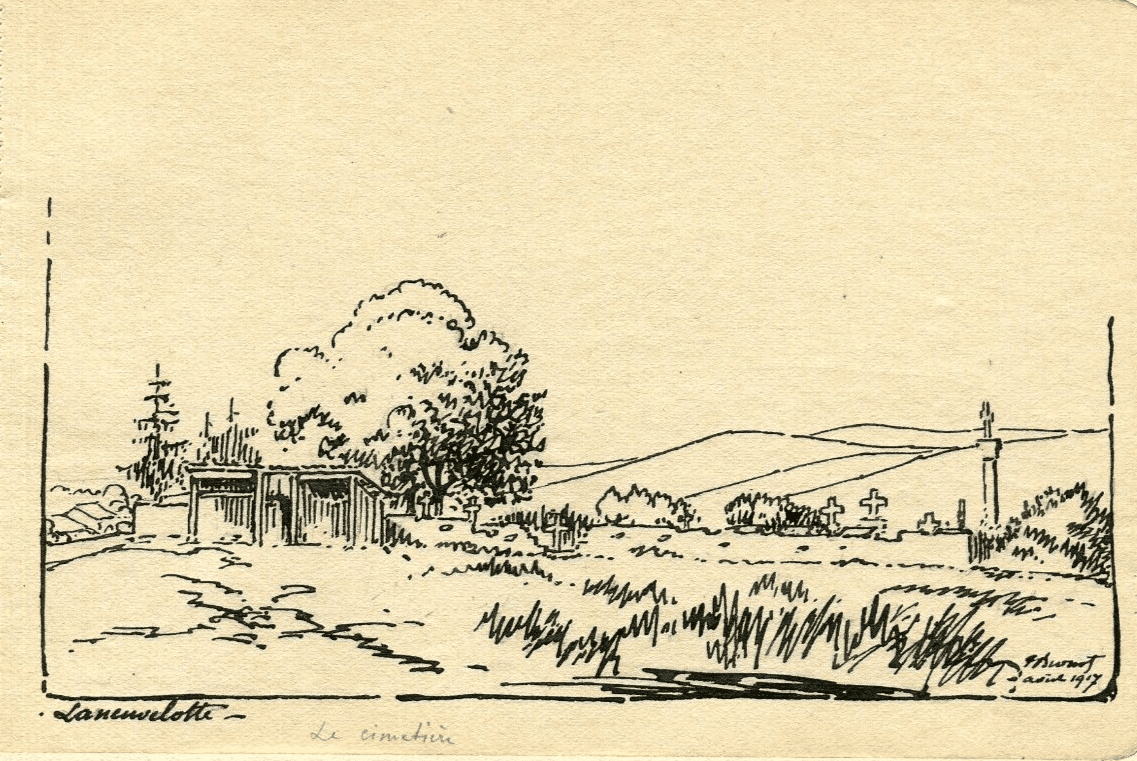 Vintage Ink Original Drawing Landscape Laneuvelotte, Cemetery Lorraine Artwork