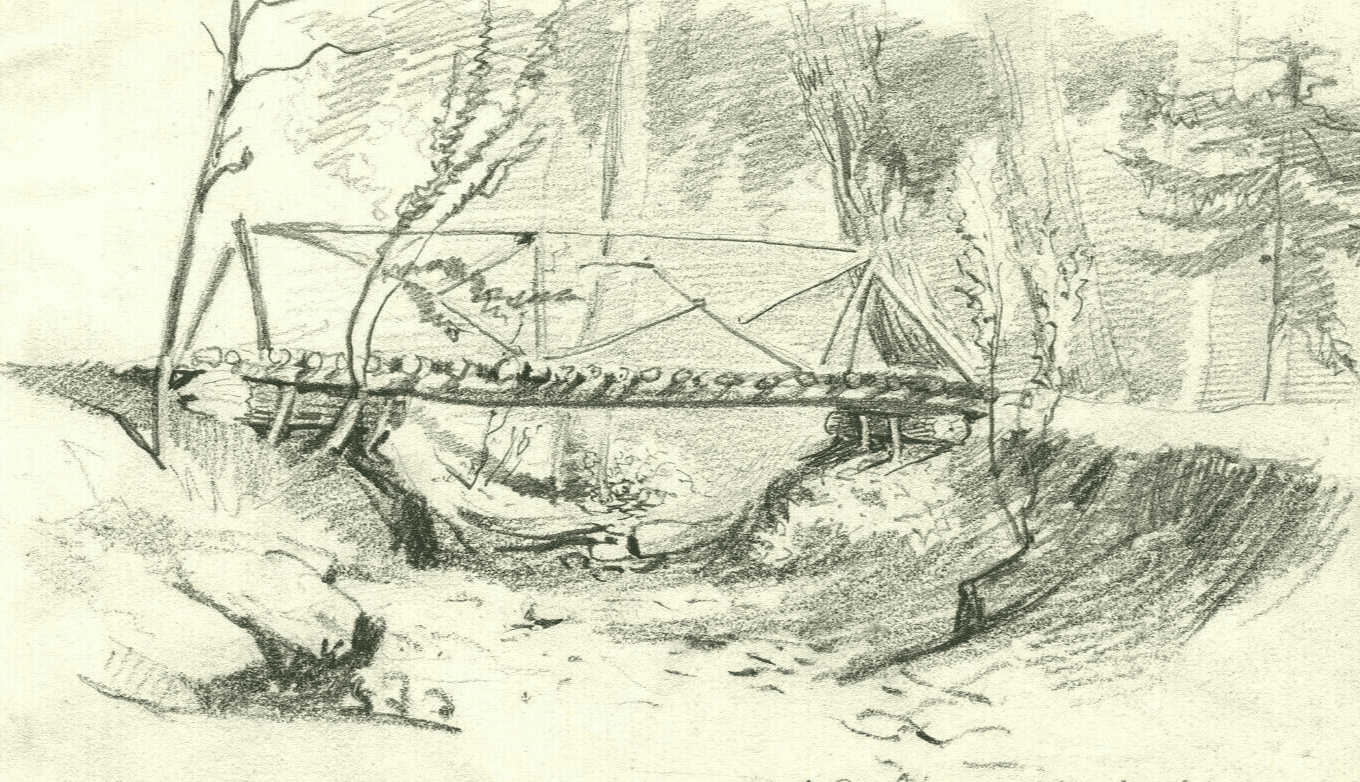 Antique Original Pencil Drawing Landscape, Bridge, Forest, Trees and River