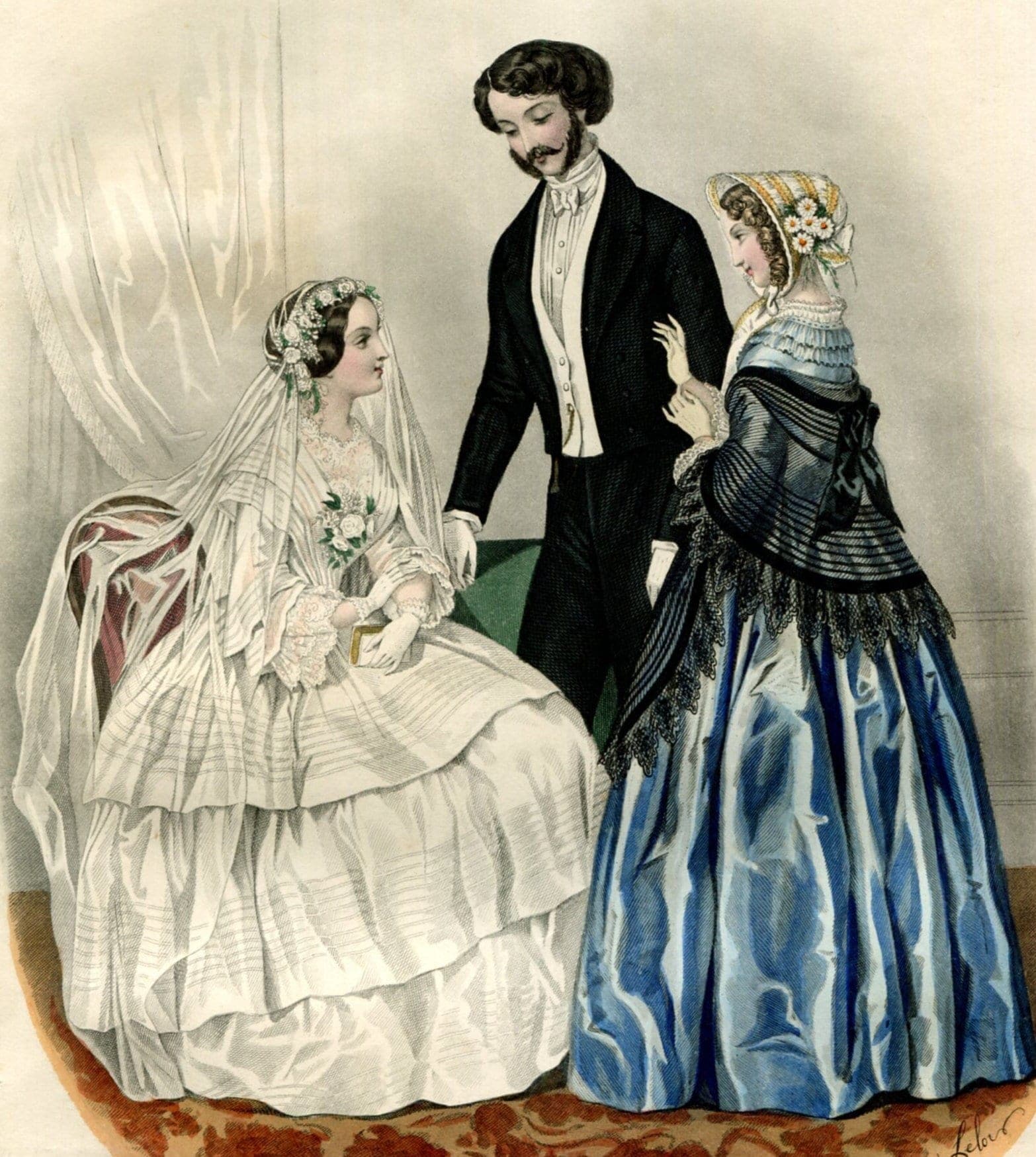 Antique Lithography 1860s Women & Man Fashion Print - Vintage Victorian Art