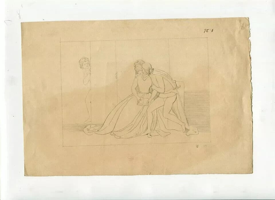 Antique Pencil Original Drawing 19th century Couple of Lovers image 3