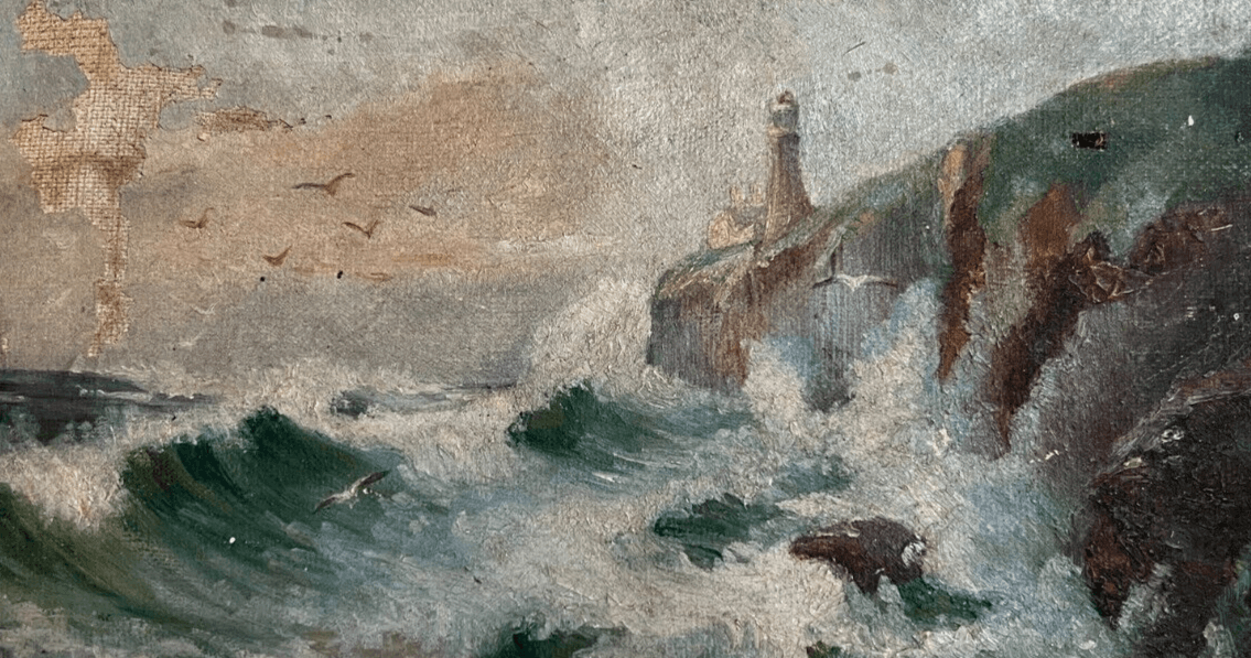 Antique Original Painting Landscape, Seaview, Lighthouse, Waves, Seagull signed