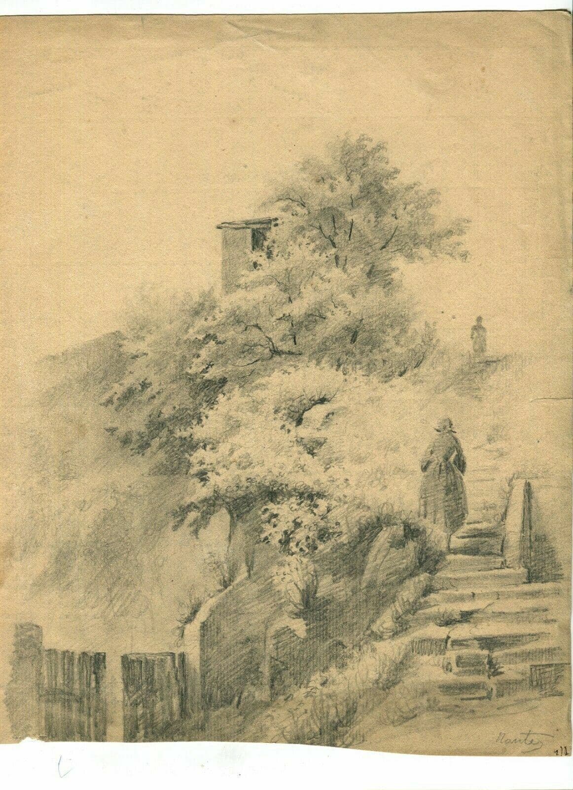 Vintage Pencil Original Drawing House, Trees, Landscape, People image 1