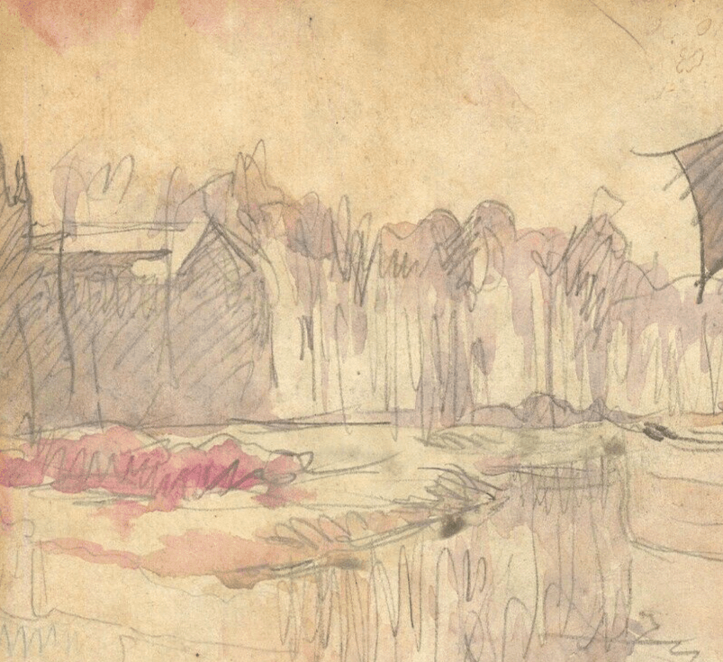 Antique Drawing Original Signed Marine, Landscape, Boats, Port, Village 1923 image 3