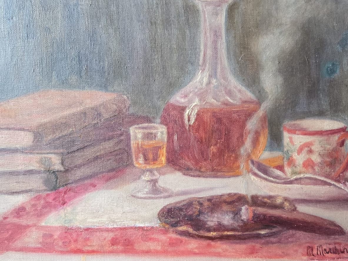 Antique Painting Original Still Life, Drinks, Tea, Cigar, Books signed