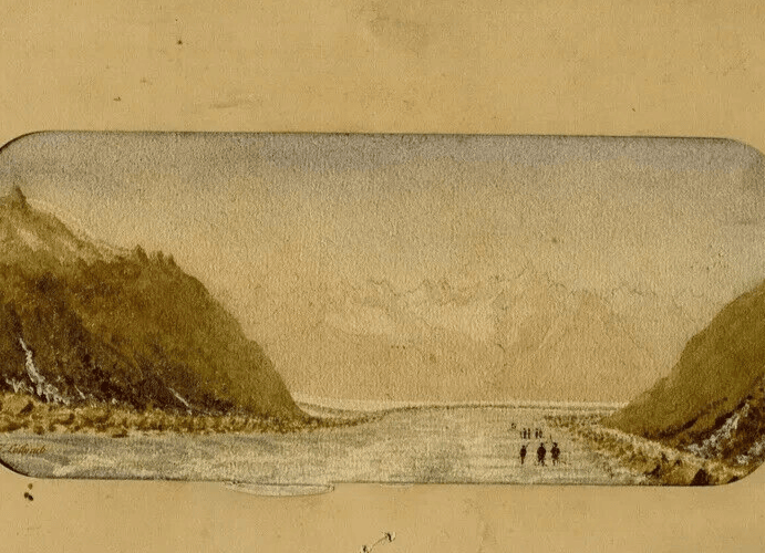 Antique Drawing Landscape 19 century Finsteraar Glacier Mountain Original signed