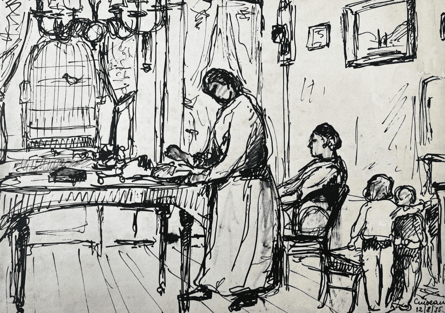 Original Antique Drawing André RUFFIN (1898-1981) Family Scene Artwork