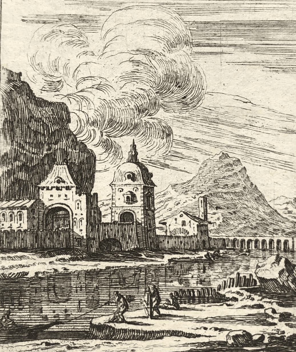 Antique Etching Original Cityview, Landscape, Porte de Grenoble, Houses