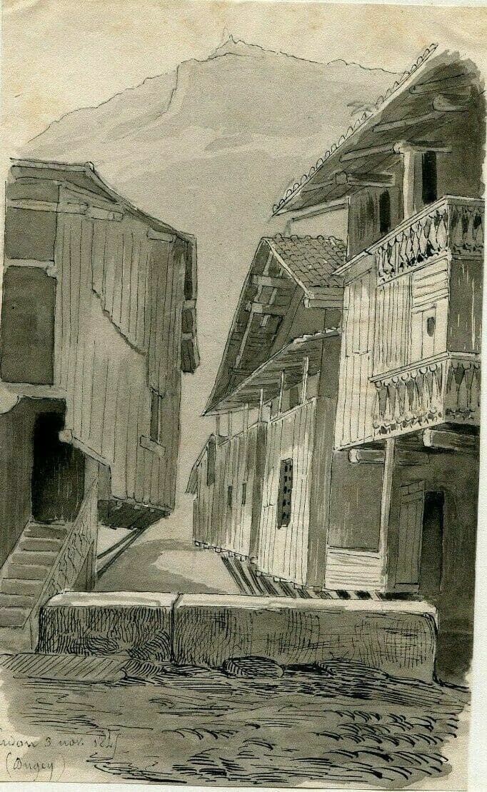 Antique Ink Drawing Original Landscape Cerdon en Bugey, Chalets 1845