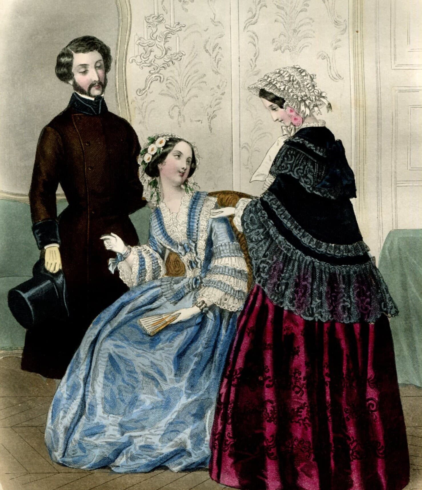Antique Lithography 1860s Women & Children Fashion Print - Vintage Victorian Art image 1