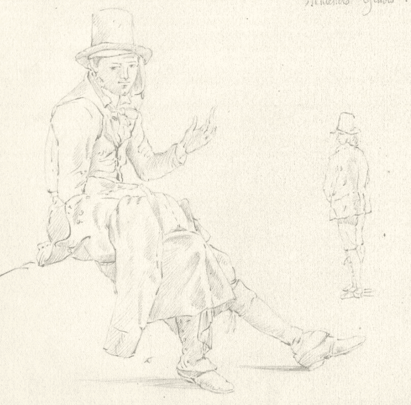 Antique Pencil Original Drawing 19th century Genoese Muleteers