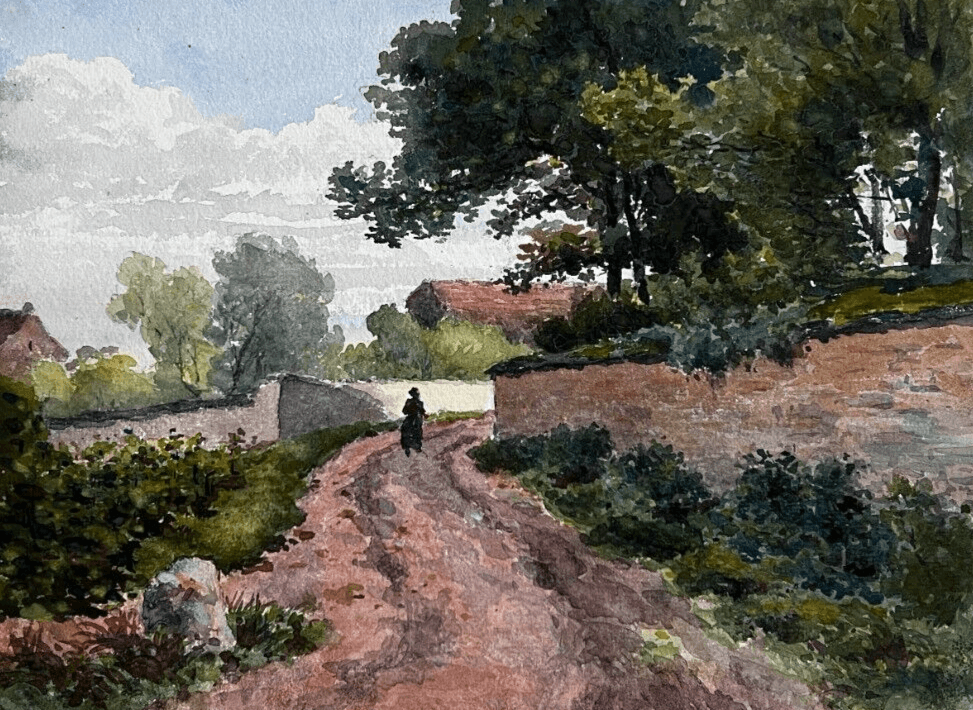 Antique Drawing Original Landscape, Cityview and People