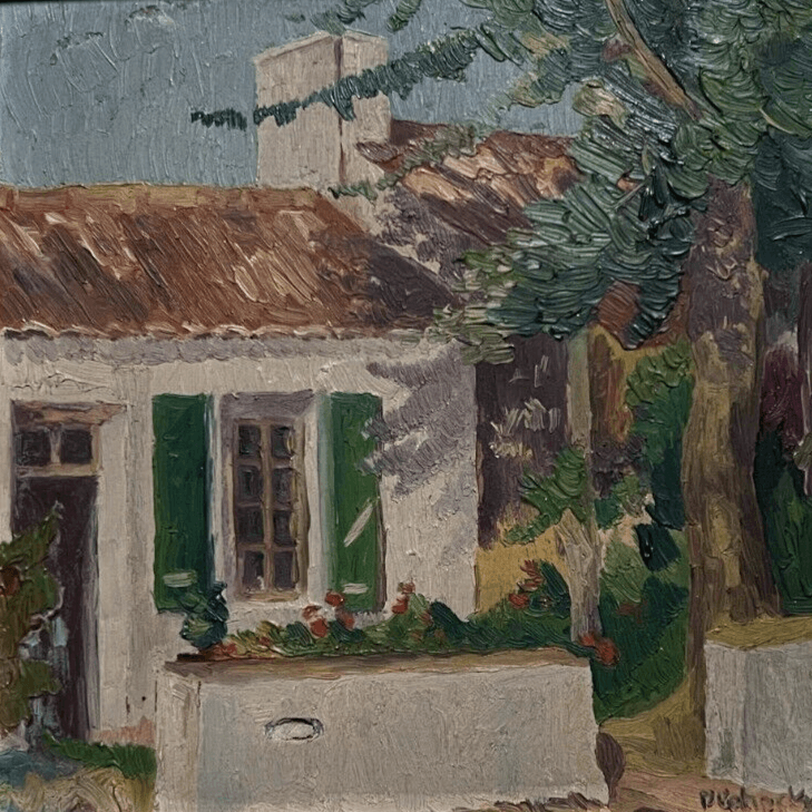 Antique Original Painting signed House, Tree, Architecture, Flowers Framed