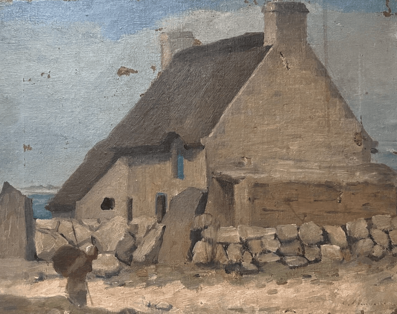 Antique Original Painting Landscape, Woman, House, Bretagne, Working Life