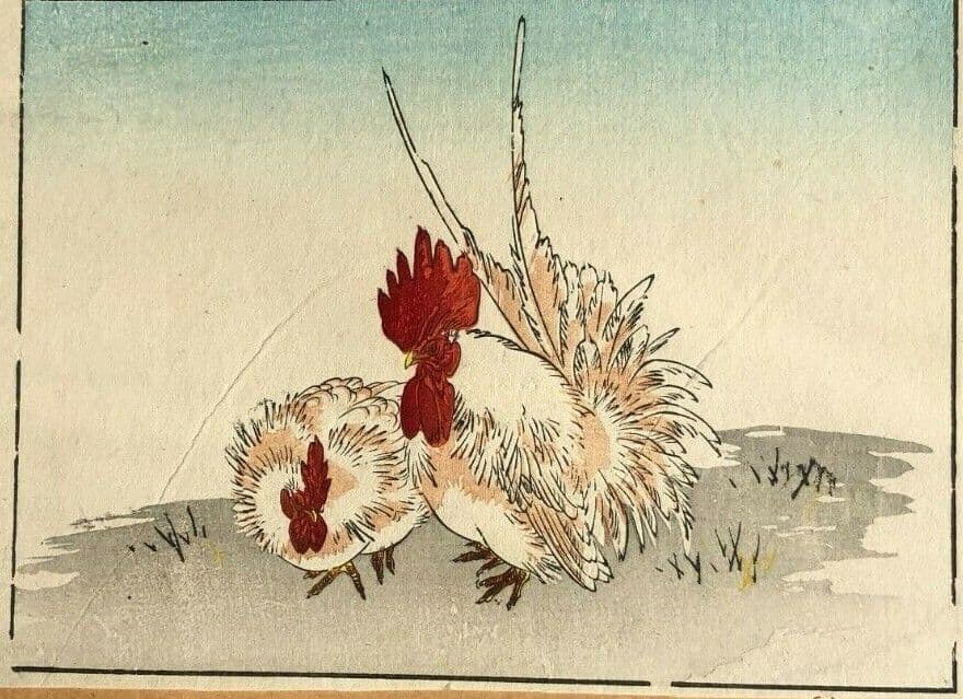 Japanese Antique Roosters Woodprint c. 1830 Asian Art Print Ukiyo-e