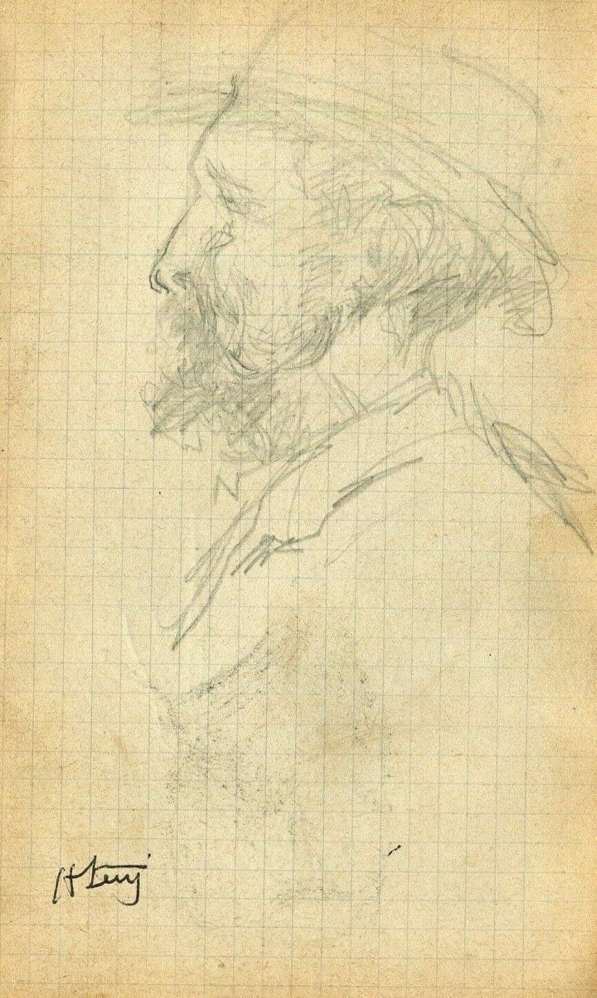 Antique Original Pencil Drawing signed Man Portait with Hat Artwork
