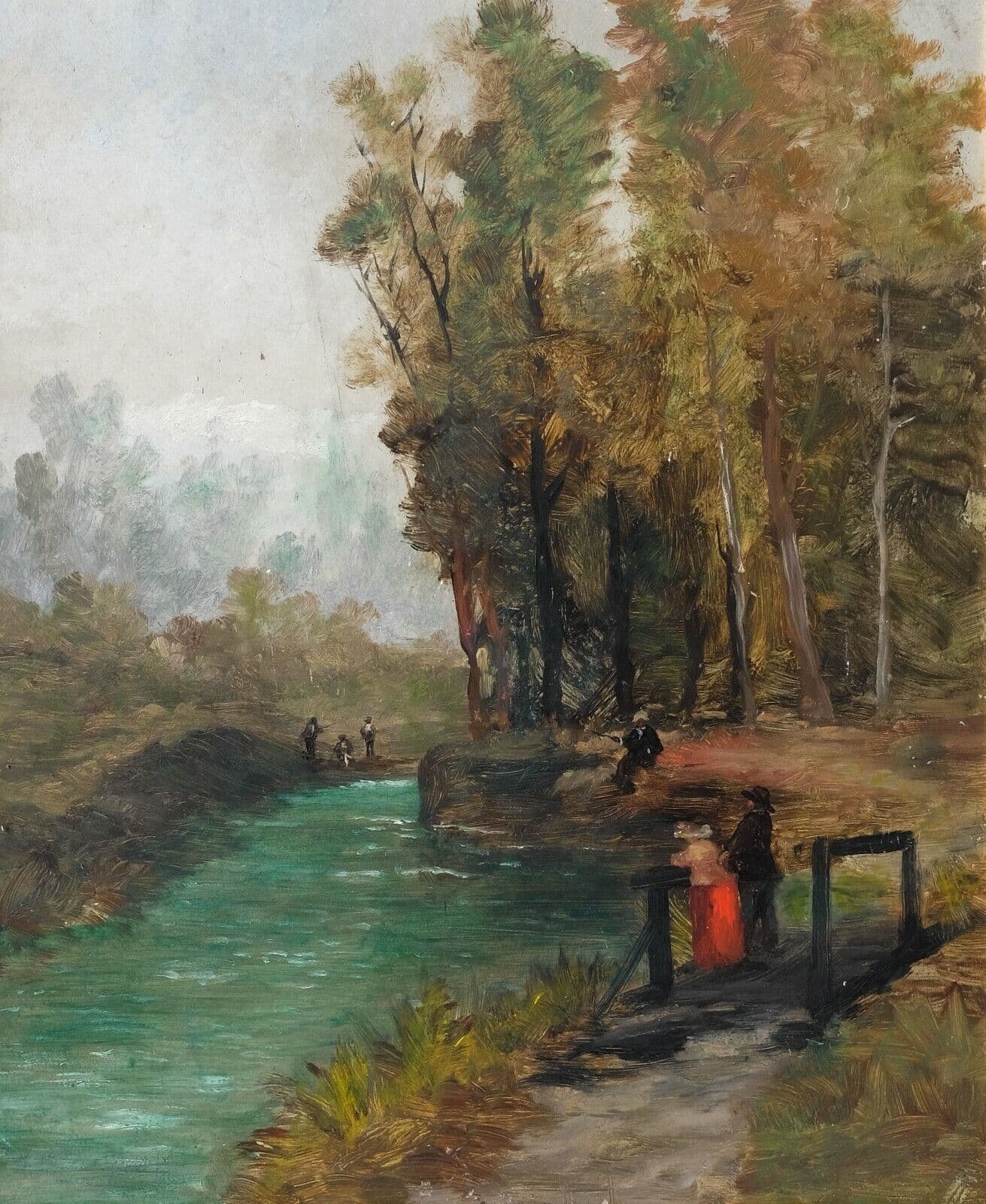 Antique Oil Painting Original Landscape, People on a Bridge Framed