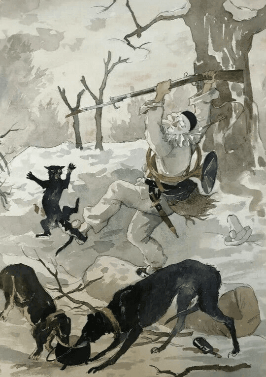 Antique Vintage Original Drawing Harlequin, Dogs, Hunting