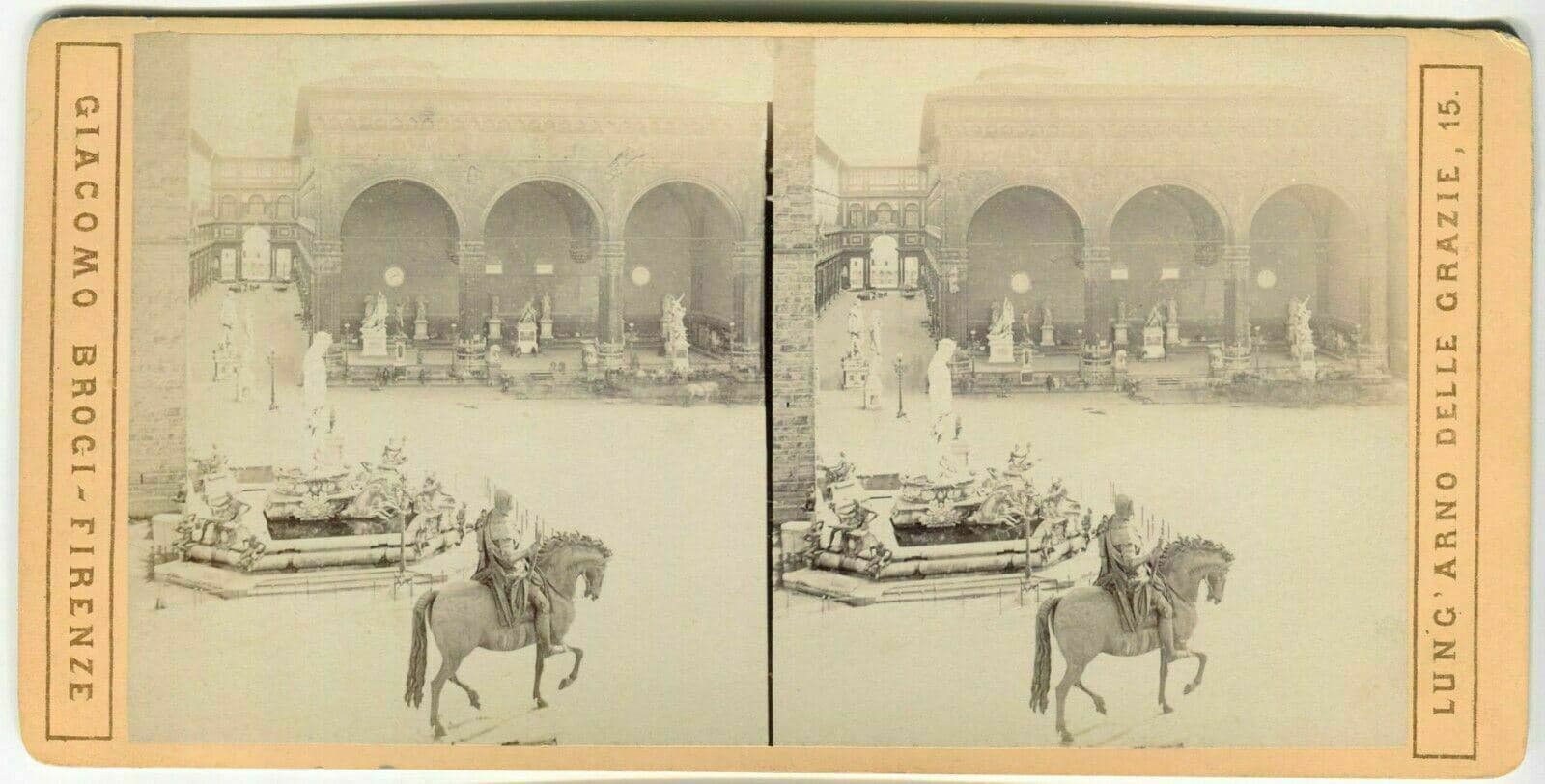 Vintage Stereoview - Giacomo BROGI - Florence Piazza della Signoria c. 1870