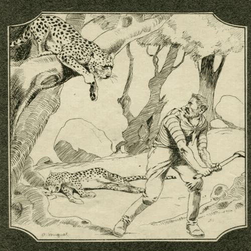 Vintage Print signed Buguet Jungle, Cheetah, Figure and Savannah