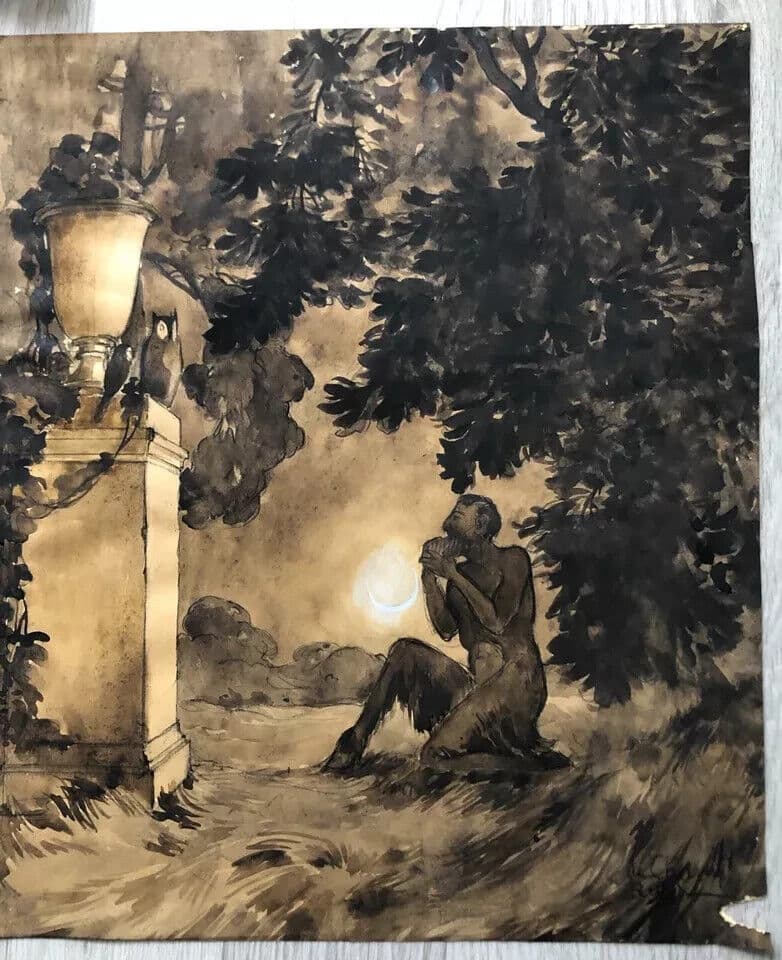 Original Antique Drawing Pan in the Forest at Night, Moon image 7
