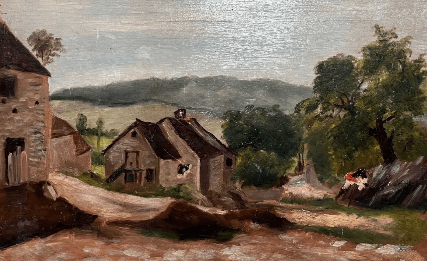 Antique Original Painting Landscape, Optevoz, Houses, People 19th century