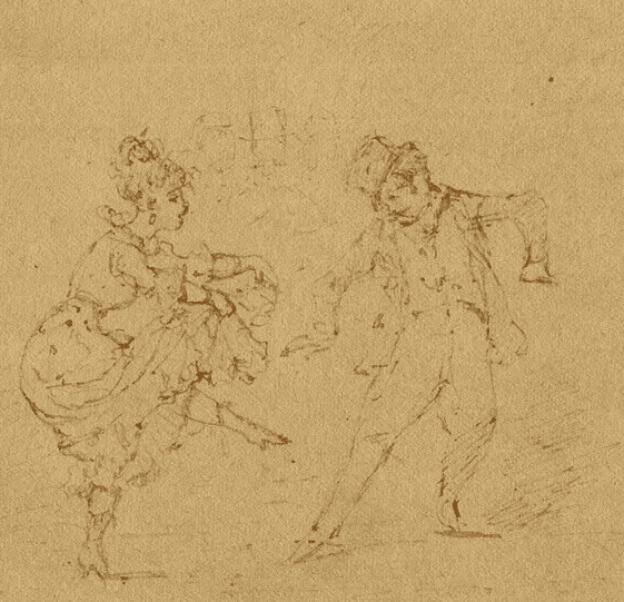 Antique Ink Drawing Original 19th century Dancing Man and Woman