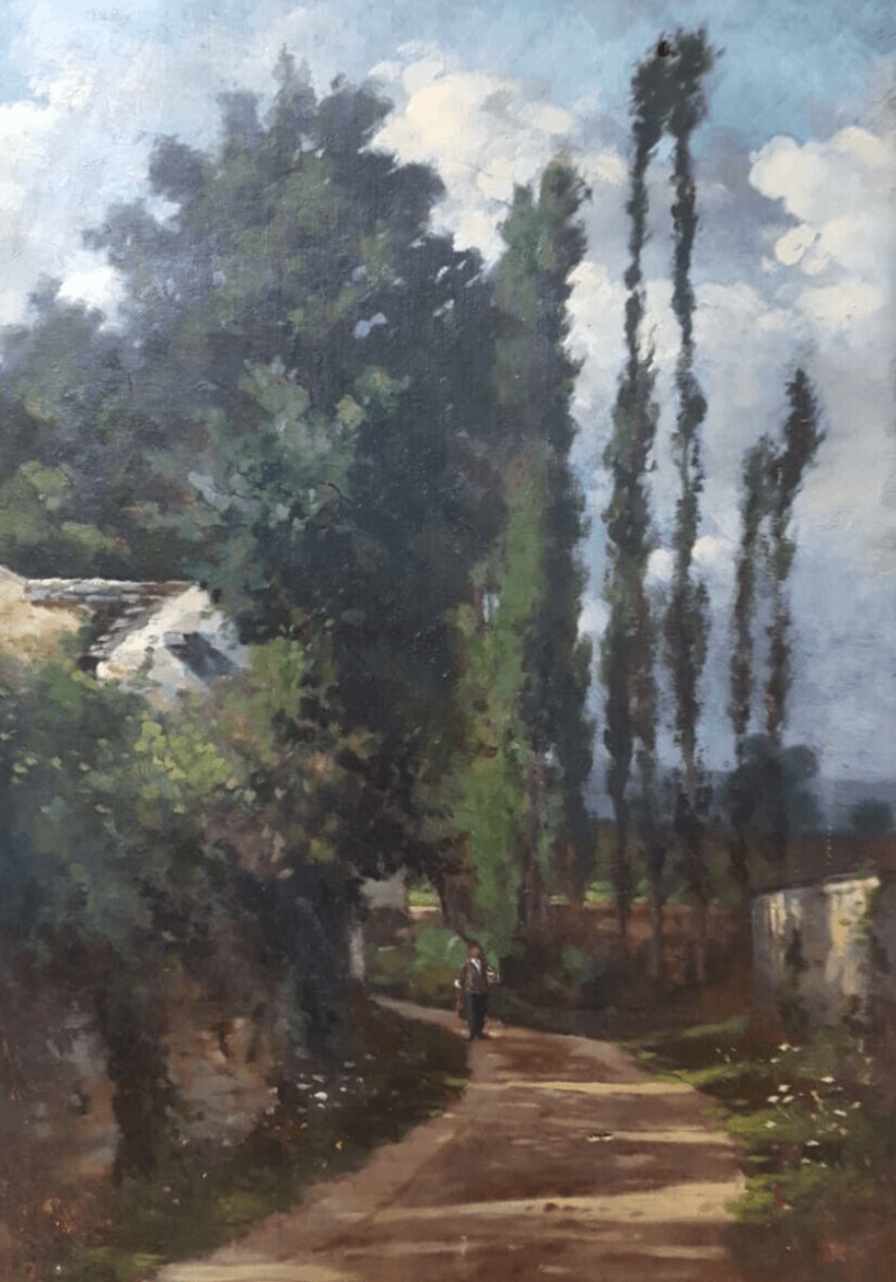 Antique Oil on canvas Original Old Painting Landscape, Path to House