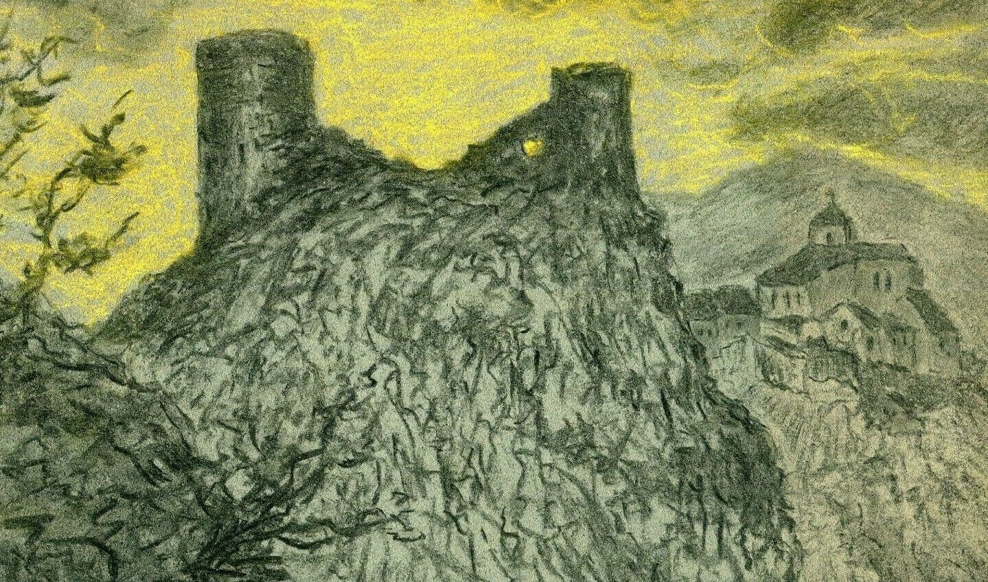 Vintage Drawing Original signed Paul LERICHE (1876-1927) - Ruins Castle Sunset