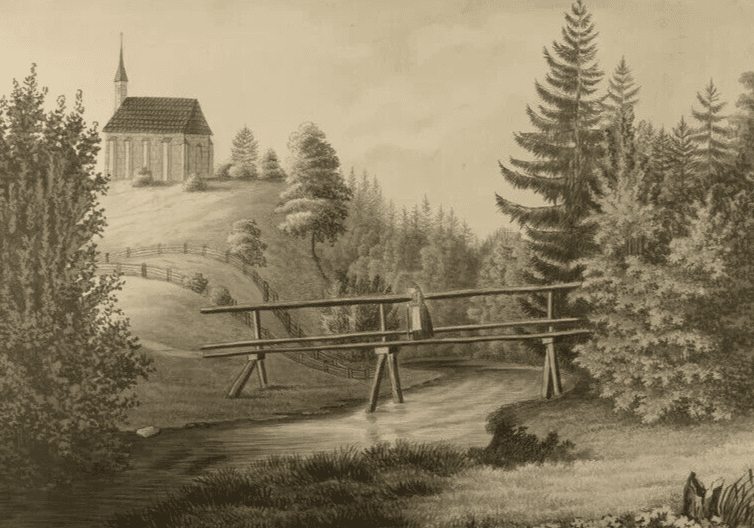 Antique Ink Drawing Original 19th century Woman on a Bridge by a Forest
