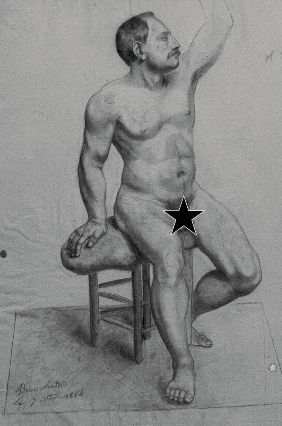 Antique Original Drawing Charcoal 19th century Nude Man Portrait 1864