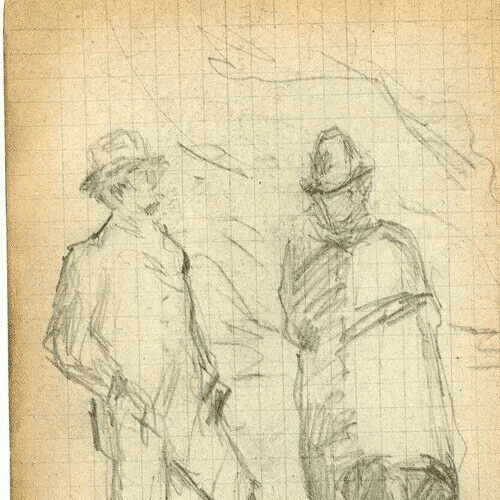 Antique Pencil Original Drawing Men Figures with Hats Sketch, Artwork Signed image 2