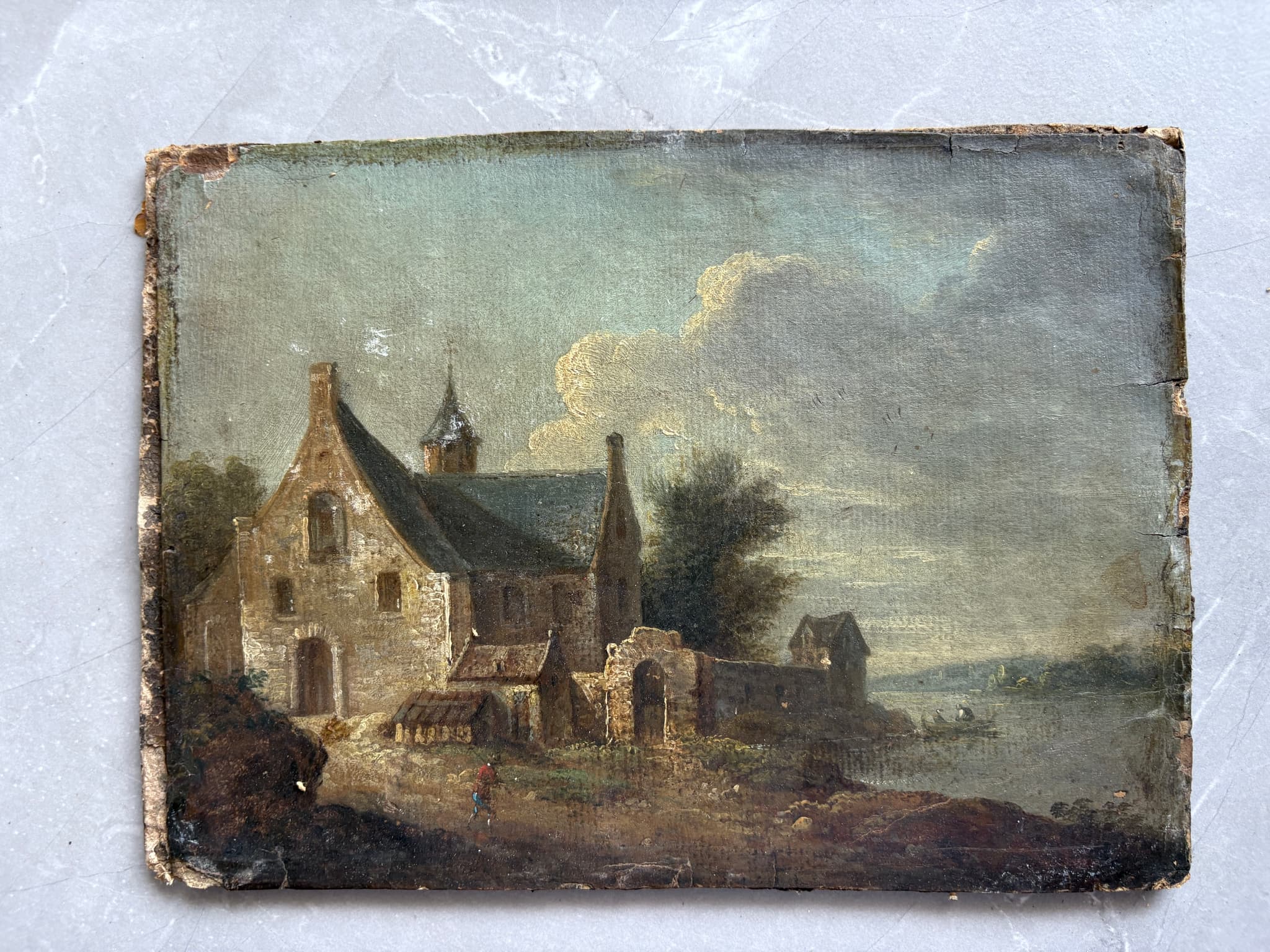 Antique Painting Original Landscape, River, House, People, Trees 18th century image 4