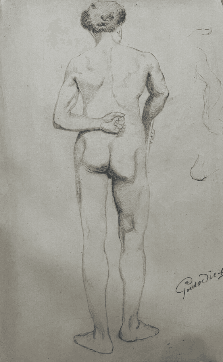 Antique Original Drawing Man, Portrait, Academic, Nude, Stick