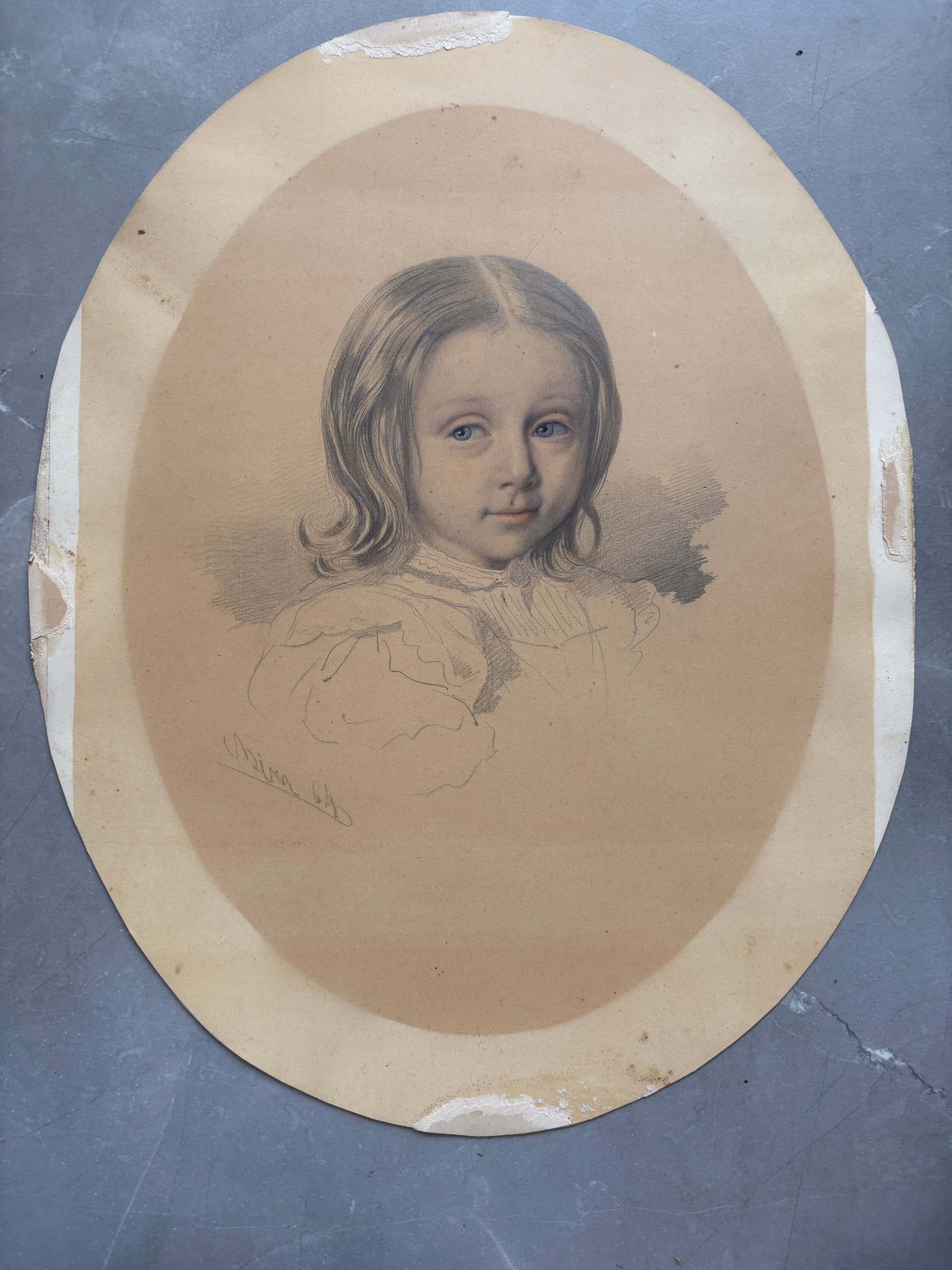 Antique Original Pencil Drawing signed Girl Portrait, Child 19th century