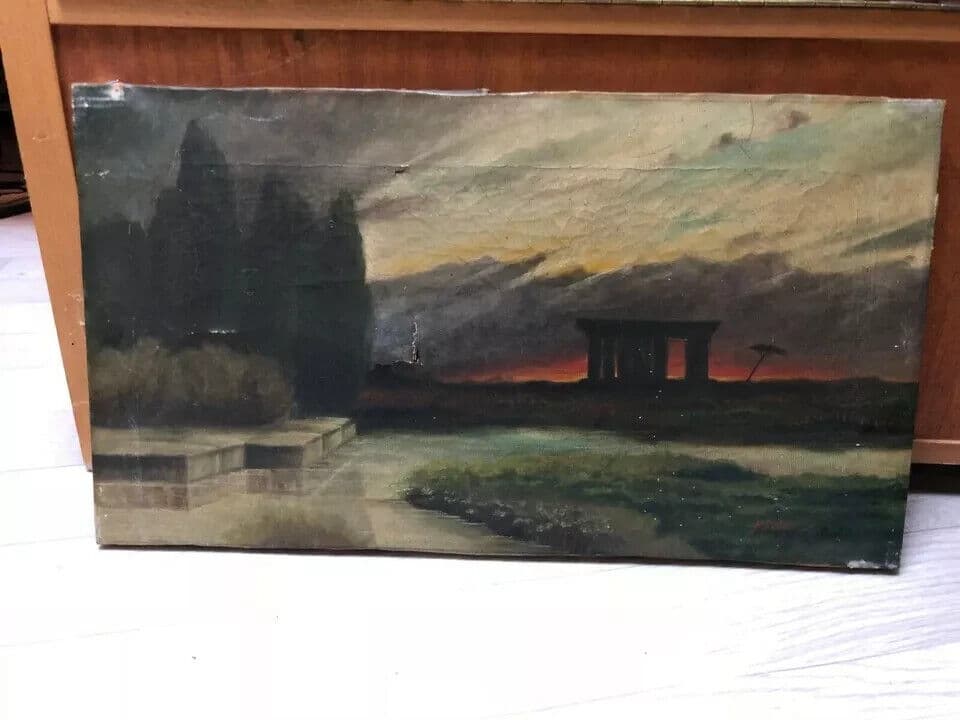 Antique Oil Painting 19th century Signed Acropolis Romantic Landscape Sunset image 5