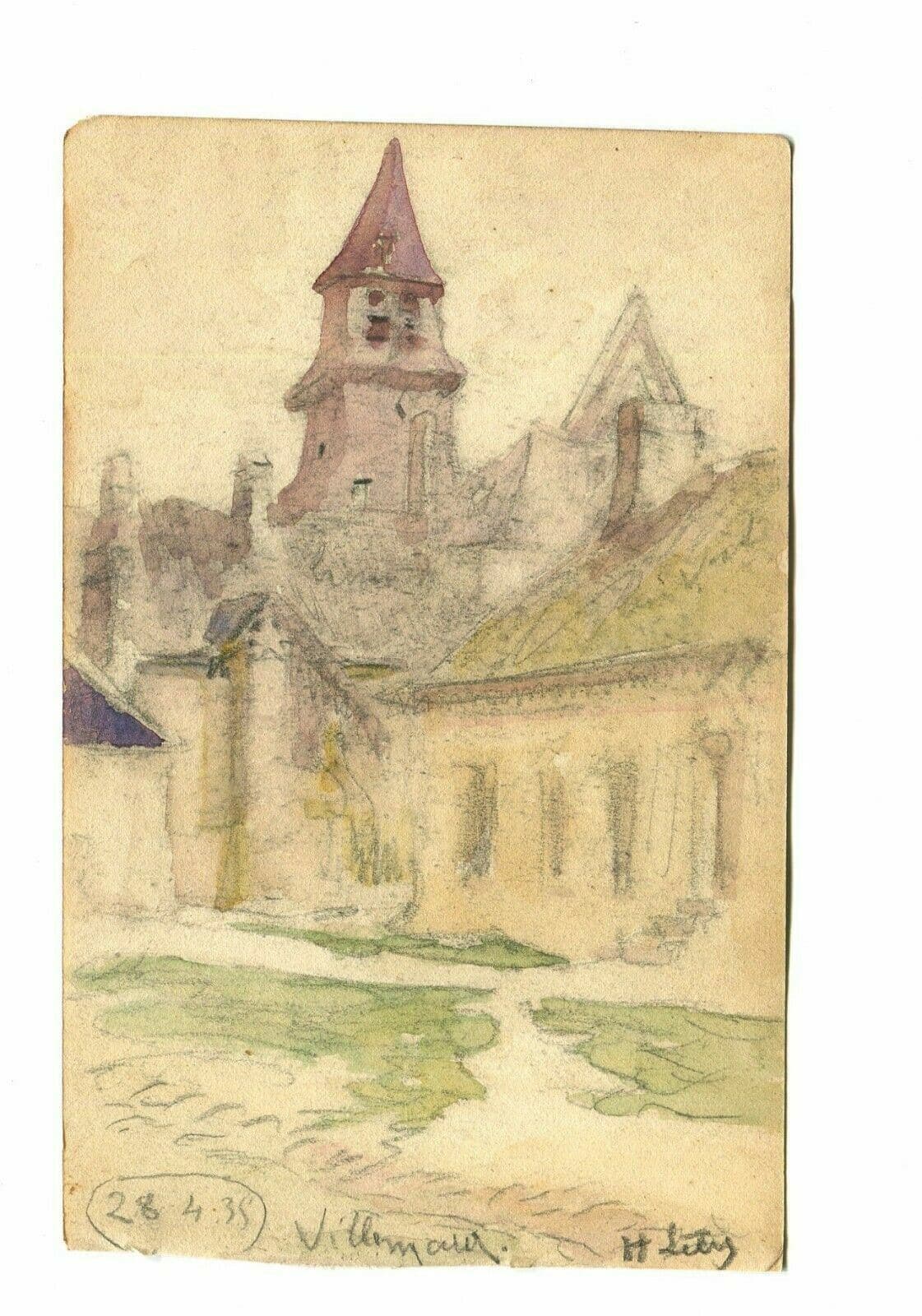 Drawing Village Landscape, Church signed image 2