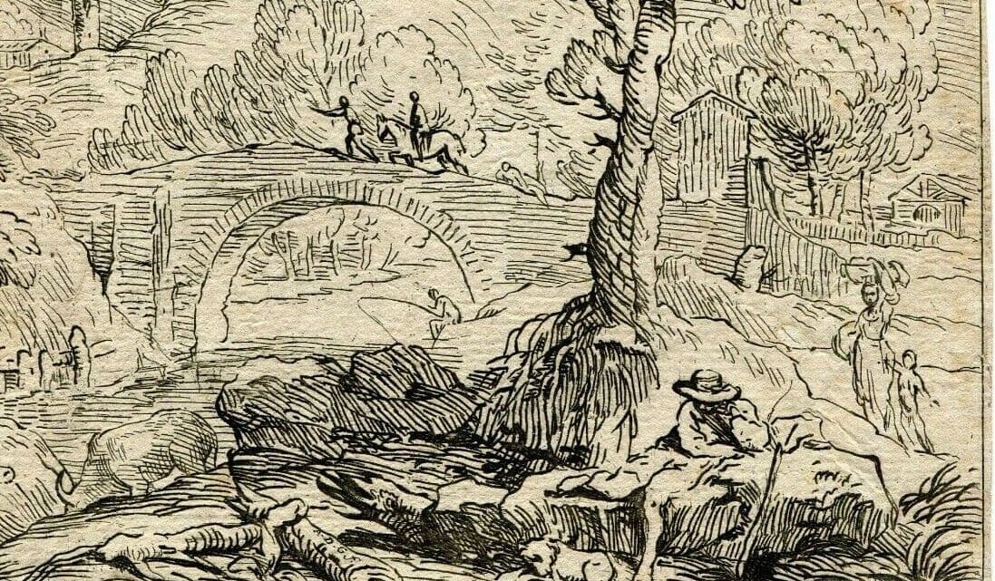 Antique Etching Antonio Domenico GABBIANI (1652-1726) Landscape and Figure image 2