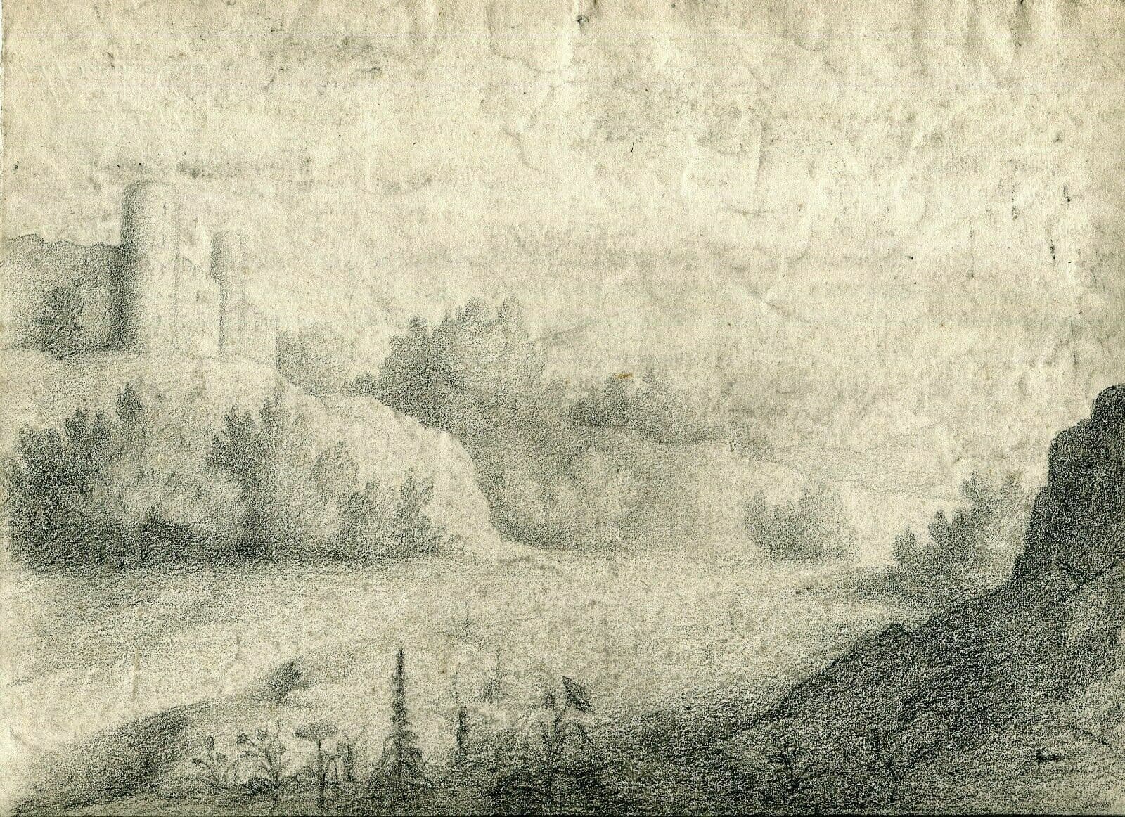 Drawing 19th century Landscape, Castle
